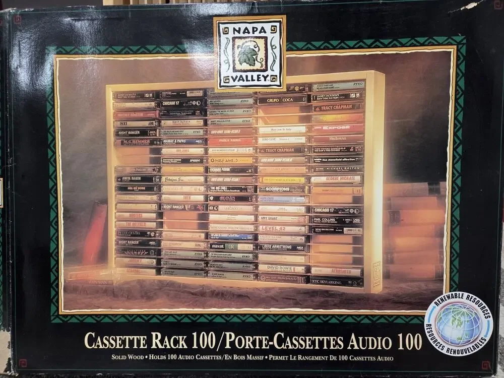 Vintage Napa Valley 100 Cassette Tape Storage Rack Style Wood Wall Holder Music